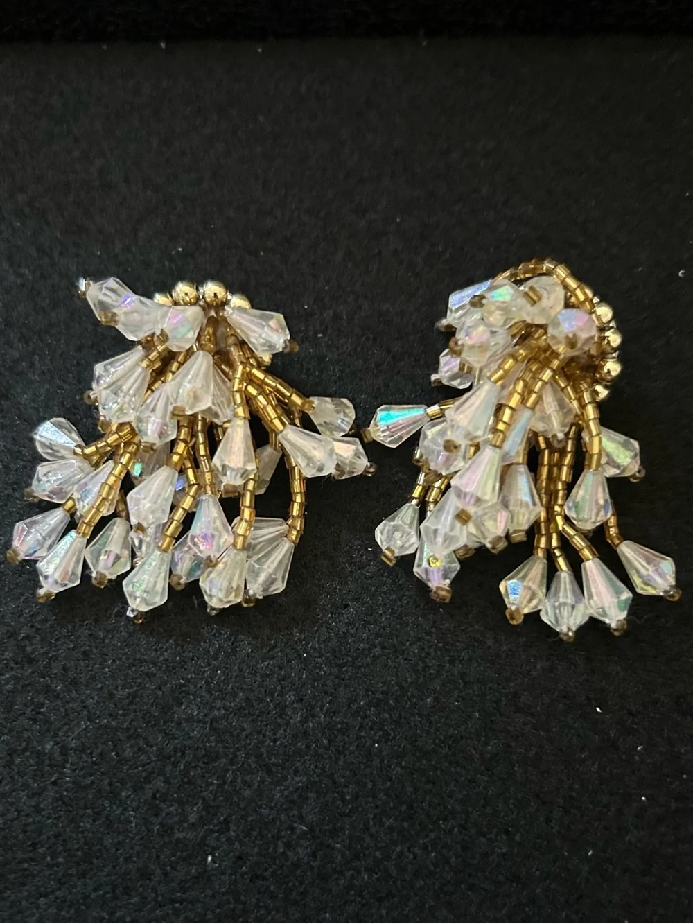 Vintage Gold Beaded Crystal Cluster Earrings - Clear/Gold
